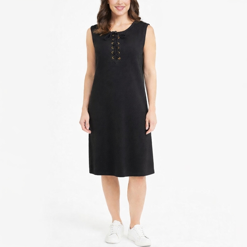 Neiman Marcus Lace-up Sleeveless Casual Knit Shift Dress Women's Sz Lg Black